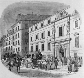 Conservatorium voor muziek aan de rue du Faubourg Poissonniere in Parijs: concertingang. Gravure uit 1860