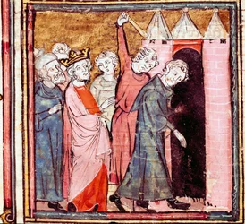Samenzwering tegen Lodewijk de Vrome (778-840) keizer van het Westen, zijn zoon Lotharius legde hem een openbare boetedoening op in het klooster van Saint Medard de Soissons in 833. Miniatuur uit 