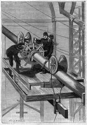 Bouw van de Brooklyn Bridge in New York: Machine gebruikt om de 19 secundaire kabels met helix-staaldraad tot een enkele kabel te bundelen. Gravure uit 1883.