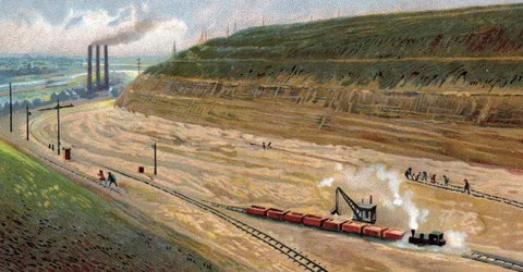 Aanleg van het Albertkanaal in de jaren 1930, dat de haven van Luik verbindt met de haven van Antwerpen, België (Graven van het Albertkanaal in de jaren 1930 tussen Antwerpen en Luik, België) Chromolithografie