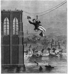 Bouw van de Brooklyn Bridge in New York: de heer Farrington, hoofdmonteur van de bouw, beweegt zich van de ene paal naar de andere met behulp van de eerste gespannen draad (25 augustus)