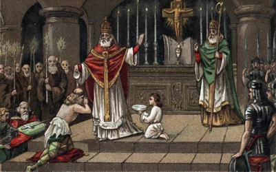 Bekering van Widukind of Witikind voor Karel de Grote in 785. Chromolithografie uit de late 19e eeuw