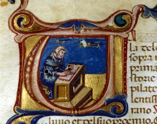 Kopiist monnik in zijn scriptorium, verluchting