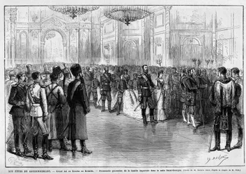 Kroningsfeesten: groot bal of kourka in het Kremlin. Poolse wandeling van keizer Alexander III van Rusland (1845-1894) en keizerin Dagmar van Denemarken (1847-1928) in de Sint-Joriszaal, 27 mei