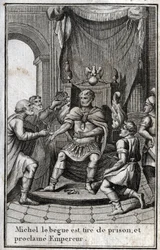 Kroning van Michael II de Amorian (de Begue) (770-829) als Byzantijnse keizer na zijn vrijlating uit de gevangenis in 820. Hij is de stichter van de Amoriaanse dynastie. Gravure in 