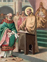Concilie van Reims in 1148: Sint Bernardus van Clairvaux beschuldigt Gilbert de la Porrée, bisschop van Poitiers, van ketterij - Chromolithografie uit het einde van de 19e eeuw