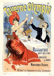 Koppel proost met champagne - Reclameposter voor de Tavern Olympia, door Jules Cheret, eind 19e eeuw