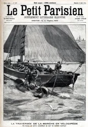 Oversteek van het Kanaal in velocipede: een vissersboot haalt Georges Pinkert op zee op, die de weddenschap had gemaakt om het Kanaal over te steken met de water-velocipede die hij had uitgevonden. Gravure in 
