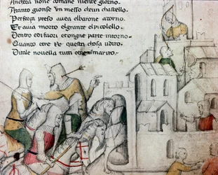 Kruisvaarders vallen een Moorse vesting aan. Illustratie bij het Toscaanse gedicht „Febusso e Breusso”. Handschrift MS.B.R.45. 15e eeuw. Florence, Biblioteca Nazionale