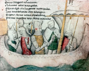 Kruisvaarders op een boot. Illustratie bij het Toscaanse gedicht „Febusso e Breusso”. Handschrift MS.B.R.45. 15e eeuw. Florence, Biblioteca Nazionale