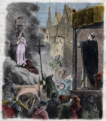 Kruistocht tegen de Albigenzen - Ketters levend verbrand: Katharen op de brandstapel tijdens de kruistocht tegen de Albigenzen in Frankrijk 13e eeuw (gravure uit 1879 in 