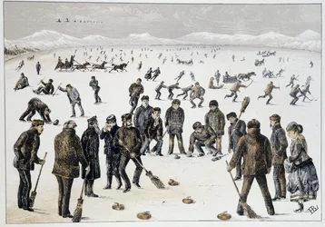 Curling op een bevroren meer bij Halifax, Nova Scotia - in "Sketches of canadian sports and pastimes" door Lieut. Henry Buckton Laurence