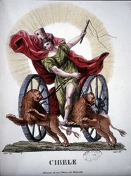 Cybele, godheid die de reproductieve kracht van de natuur personifieert - in "Dizionario mitologico", gravure uit de 19e eeuw naar een schilderij van Tintoretto, Bibl. di Brera, Milaan
