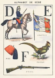 D E F: draak, vlag, fazant, fez, geweer