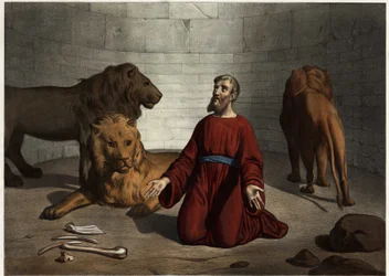 Daniel, door de koning naar de leeuwen gegooid, wordt beschermd door een engel van de Heer die de beesten kalmeert. Anonieme gravure uit het midden van de 19e eeuw.