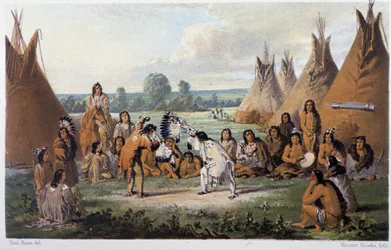 Dans bij de indianen van Amerika - in "Wandering of an artist among the indians of north america" door Paul Kane, Longmans & Roberts, Londen