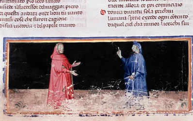 Dante (in blauw) en Vergilius (canto 3 van de Hel, in de Goddelijke Komedie) (miniatuur)