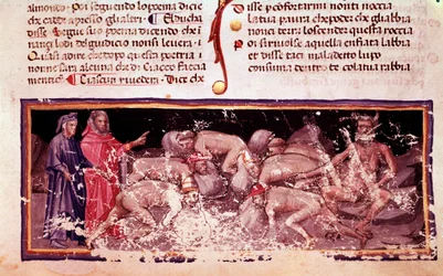 Dante en Vergilius met de gierigaards en verkwisters (canto 7 uit de Hel, in de Goddelijke Komedie) - miniatuur