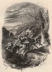 Dood van Indutiomarus (Induziomaro), leider van de Treveri, gedood door het Romeinse leger in 53 v.Chr. Gravure uit 1868 in 
