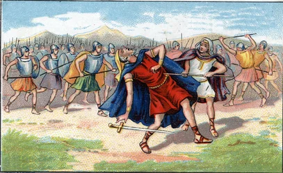 Dood van Judas Makkabeüs (Maccabee of Macabee) of Yeouda Hamakabi Joodse krijger (200-160 v.Chr.). Chromolithografie uit de 19e eeuw