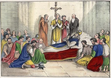 De dood van Sint Augustinus (354-430). Gravure in 
