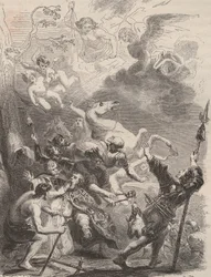 Dood van Sint Lievin de Grote als evangelisator van Vlaanderen, martelaarschap in 657/663. Gravure uit 1868 in 