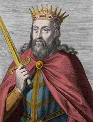 Dionysius van Portugal (de boerenkoning) - Dionysius I van Portugal (1261-1325) (de boer - de koning-trobadoer - de vader des vaderlands - de liberaal), gravure