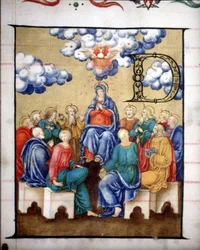 Nederdaling van de Heilige Geest. Koor van de Kerk van de Gekroonde Maagd door Lodi, miniatuur uit de 15e eeuw