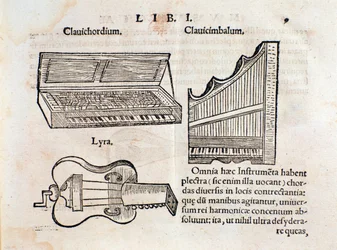 Beschrijving van Klavecimbel en lier (?) Pagina uit Musurgia seu praxis musicae