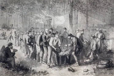 Distributie van rantsoenen aan Noord-Amerikaanse militaire eenheid, Verenigde Staten van Amerika, Amerikaanse Burgeroorlog, gravure
