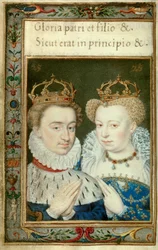 Dubbelportret van Hendrik IV koning van Frankrijk en Marguerite de Valois, bekend als koningin Margot. Miniatuur uit het getijdenboek van Catherine de Medici