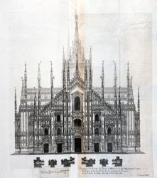 Tekening van de gevel van de Duomo van Milaan die de uniformiteit met het gebouw toont. Veel architecturale projecten werden rond de 17e eeuw ontworpen om de gevel te voltooien die onafgewerkt was gebleven