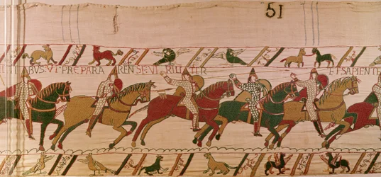 Hertog Willem spoort zijn troepen aan zich wijs voor te bereiden als mannen voor de strijd tegen het Engelse leger, Tapijt van Bayeux (wol borduurwerk op linnen)