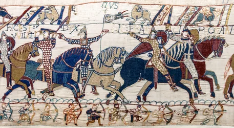 Hertog Willem toont zijn gezicht aan zijn leger, Tapijt van Bayeux (wol borduurwerk op linnen)