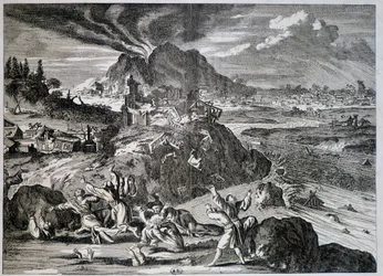 Aardbeving in Tokio in 1650 - gravure