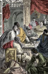 Oecumenisch Concilie van Nicea - Representatie van het Eerste Concilie van Nicea, Eerste Oecumenisch Concilie, in 325 AD. JC bijeengeroepen door Keizer Constantijn I.