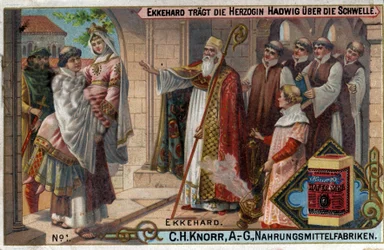 Ekkehard IV van St. Gallen (St. Gallen) of Eckhard, Eckhart (980 -1057) geleerde en Latijnse dichter. Ekkehard laat hertogin Hadwig de drempel oversteken.