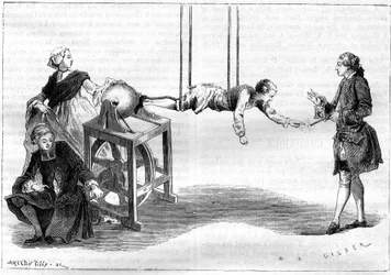 Elektriciteitsexperiment in de 18e eeuw: een jonge abt draait een elektrische machine gevormd door een zwavelbol. Een vrouw drukt haar hand op de bol en ontwikkelt door wrijving een vloeistof. Een jonge man, opgehangen aan touwen, laat de vonk aan het eind