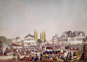 Keizer Napoleon I inspecteert de troepen in Frankfurt. Gravure uit 1813