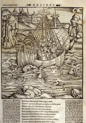 Eneide van Virgil (70 v.Chr.-19 v.Chr.), de Trojaanse held Enee en zijn metgezellen steken een zee vol sirenen over. Houtsnede door Sebastian Brant (1458-1521). Straatsburg
