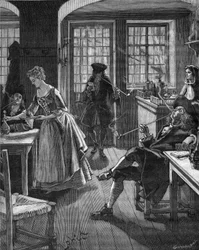 Engeland, eind 17e eeuw: mannen roken in een café. Gravure uit de 19e eeuw. In 