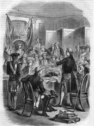 Engelse admiraal Augustus Keppel voor de krijgsraad na de zeeslag bij Ouessant op 27 juli 1778.