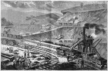 Gravure uit 1885 die het werk van het boren van de Isthmus van Panama toont. Uitzicht op een van de aanvallen bij de scheepswerf van Emperador.