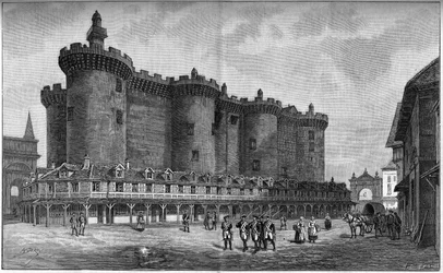Gravure die de Bastille-wijk afbeeldt, met de gevangenis, in 1788