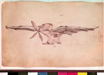 Eole Vliegmachine. Weergave van het vliegtuig van Clement Ader. Anonieme tekening rond 1882-1889. Parijs, Museum van de Lucht