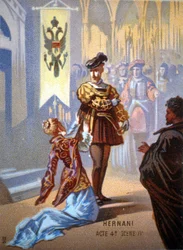 Ernani van Giuseppe Verdi, Act IV, Scene IV. chromolithografie 19e eeuw