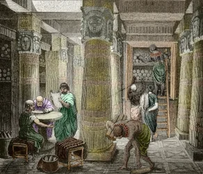Geleerden in de bibliotheek van Alexandrië, vernietigd in 642, Egypte) (Uitzicht op de bibliotheek van Alexandrië, Egypte) 19e eeuw (gravure)