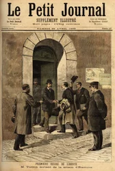 Eugene Turpin (1848-1927), chemicus, uitvinder in 1884 van meliniet (een explosief), ten onrechte beschuldigd van het verkopen van zijn uitvinding aan de vijand, werd onschuldig bevonden en vrijgelaten uit de gevangenis van Etampes. Gravure in 
