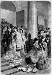Einde van een voorstelling aan de boulevard des Italiens in Parijs. Gravure in "L