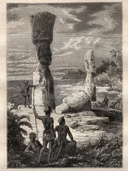 Expeditie rond de wereld (1785-1788) door Jean François Galaup de La Pérouse (1741-1788): inboorlingen van Paaseiland kijken naar monumentale beelden (Moai) - illustratie uit 